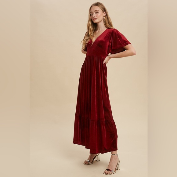 Burgundy Red Babydoll Bodice Velvet Maxi Dress - Picture 4 of 9
